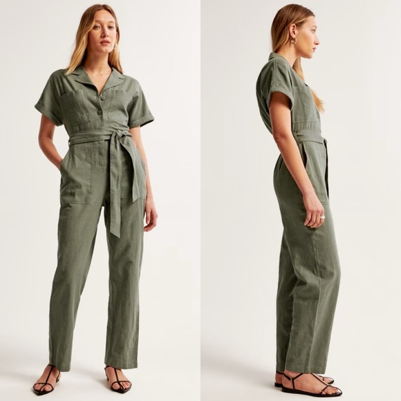 Abercrombie & Fitch Pants - Abercrombie & Fitch Linen-Blend Utility Boiler Suit Jumpsuit Olive Green XS Tall